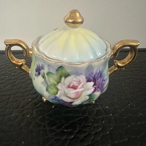 Vintage Hand Painted Sugar Bowl With Lid Festival Pattern Gold Trim-True